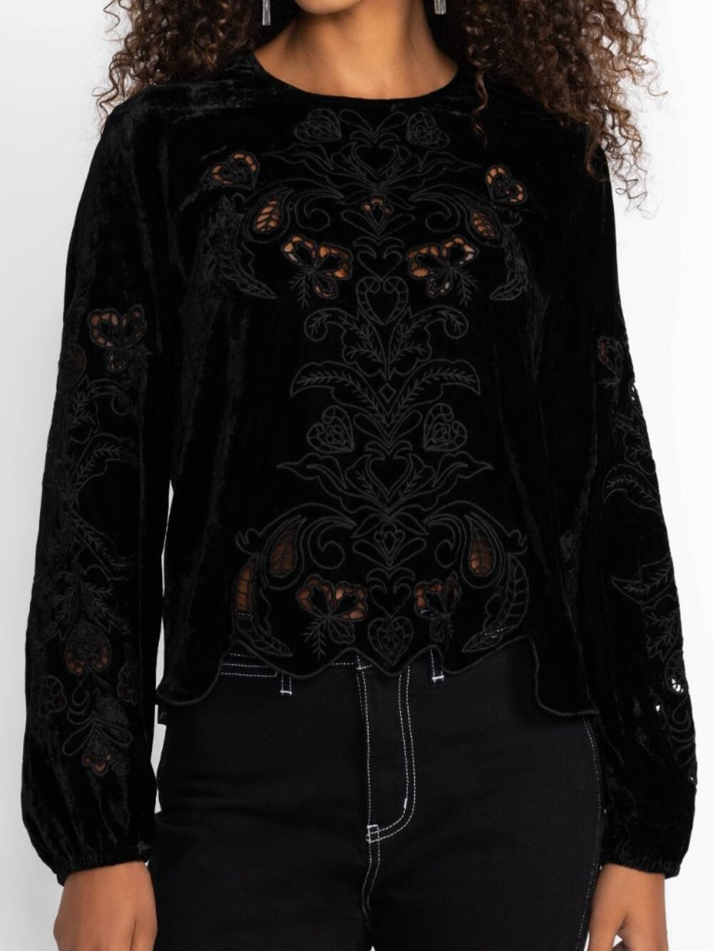 Johnny Was Gabriela Black Velvet Embroidered Top